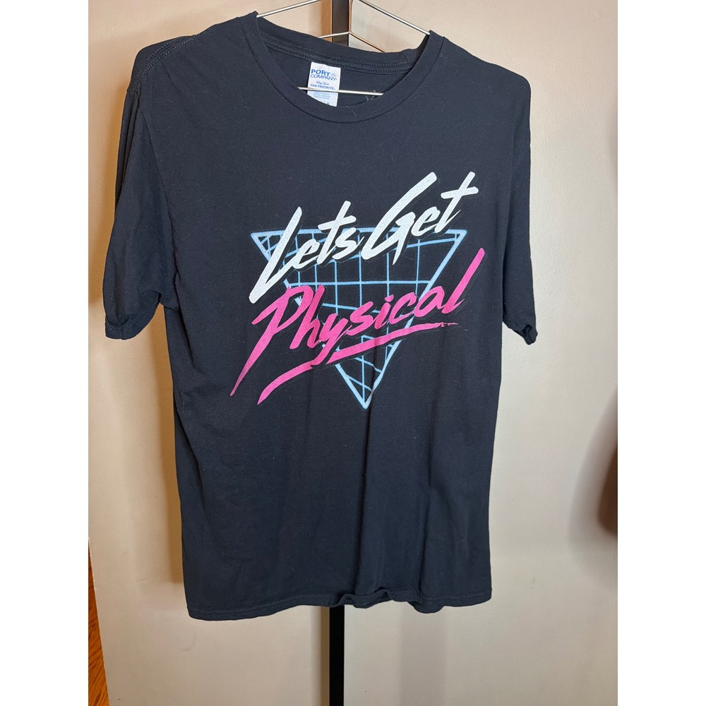 Port & Company Lets Get Physical Retro 80s Graphic T-Shirt Black Mens Medium